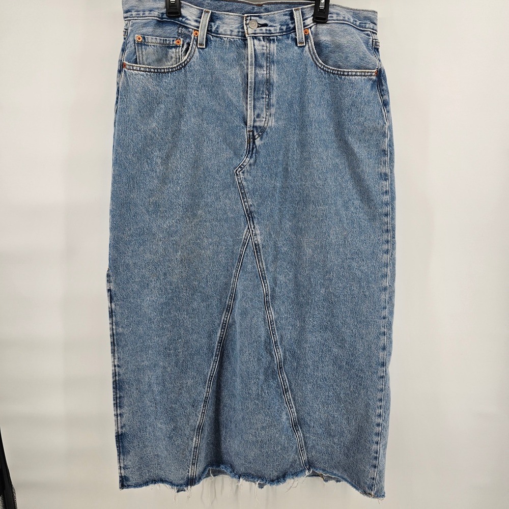 Levi's Reworked Denim Maxi Skirt Womens 33 Blue Light Wash Distressed Raw Hem